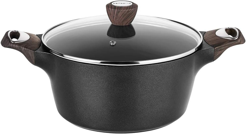 Stock Pot Nonstick 4.5 Quart Soup Pot Casserole Pot with Lid Healthy Pasta Pot Cooking Pot Black Sauce Pot with Woodgrain Bakelite Handle, All Stove Compatible Cookware, Easy to Clean