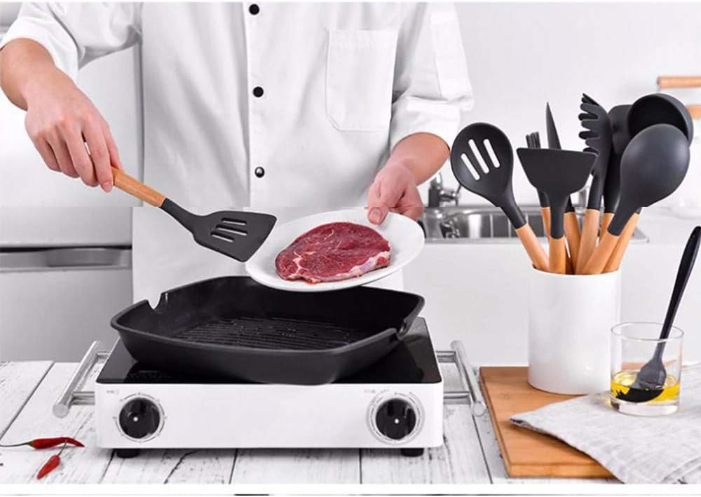 Kitchen Utensils Set with Holder, Novelty Gifts for Mothers Day, Non-Stick and Heat Resistant with Wooden Handle, Non Scratch Silicone Kitchen Utensils Set Wooden Black, 12 Pcs - Image 5