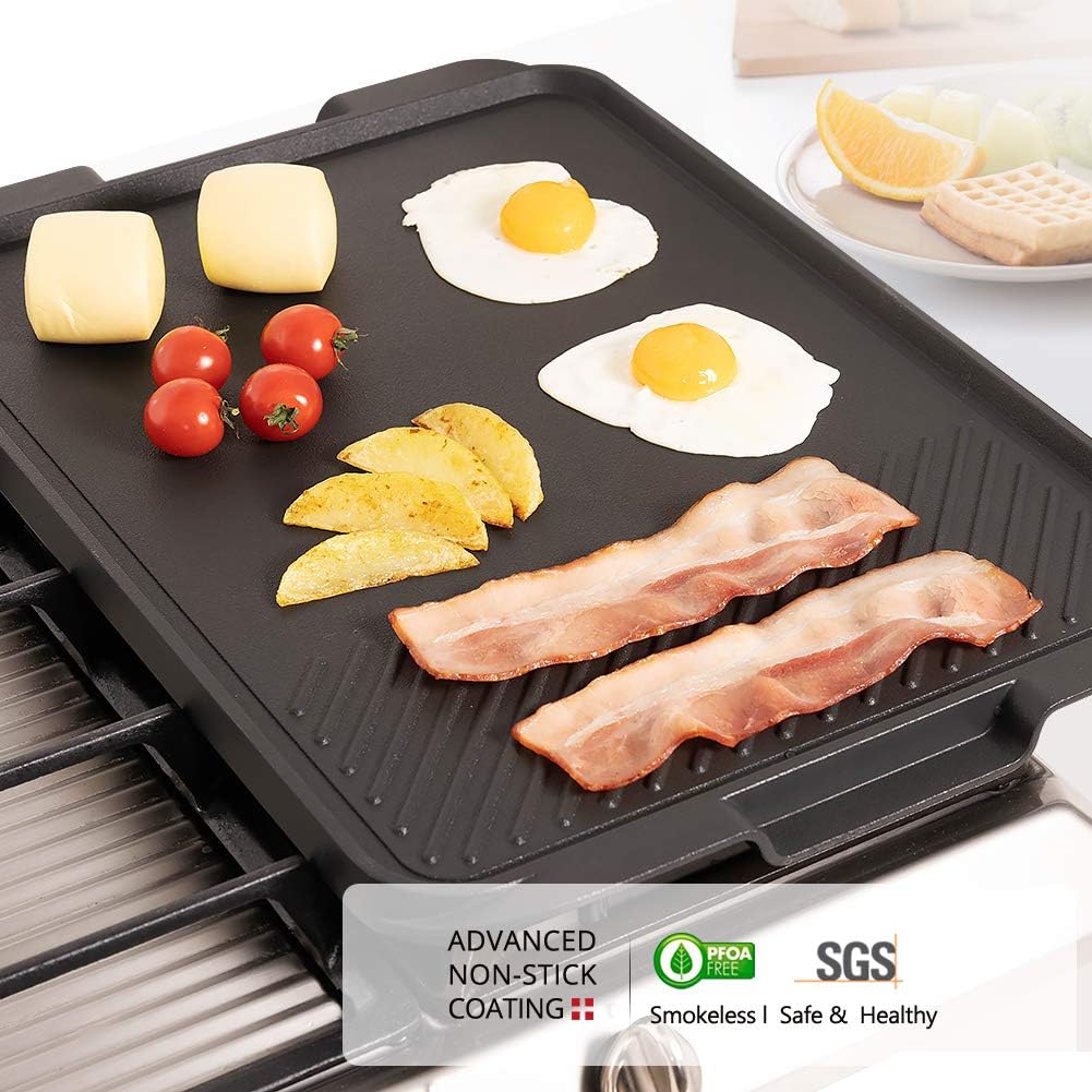 Nonstick Grill Griddle Pan with Handle, Cast Aluminum, Double Sided Reversible - Perfect for Gas Stovetop, Indoor/Outdoor Camping BBQ, 17.5 x 12.5 Inch - Image 3