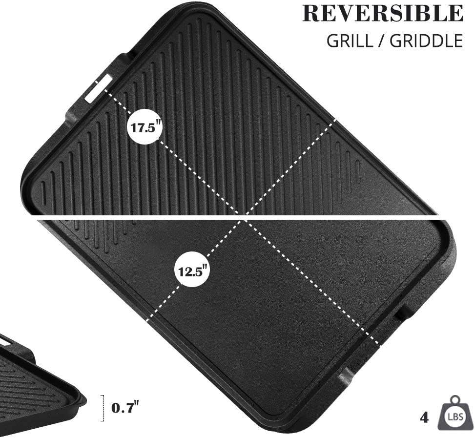 Nonstick Grill Griddle Pan with Handle, Cast Aluminum, Double Sided Reversible - Perfect for Gas Stovetop, Indoor/Outdoor Camping BBQ, 17.5 x 12.5 Inch - Image 4