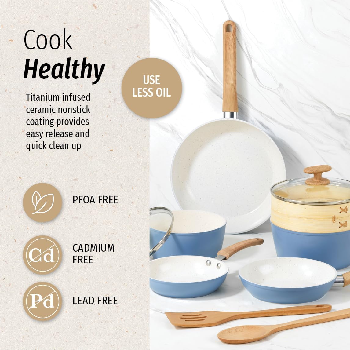 10-Piece Healthy Ceramic Titanium-Infused Cookware Set with Pots, Pans, Steamer, Spoon, and Turner, Nonstick Pots and Pans Set for Kitchen, Light Blue - Image 3