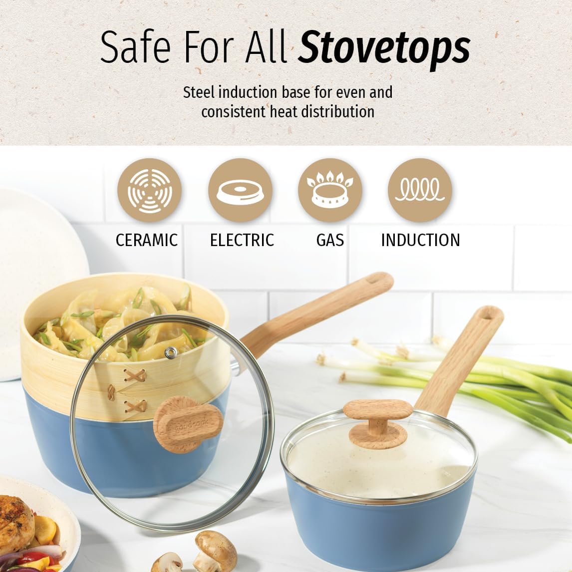 10-Piece Healthy Ceramic Titanium-Infused Cookware Set with Pots, Pans, Steamer, Spoon, and Turner, Nonstick Pots and Pans Set for Kitchen, Light Blue - Image 2