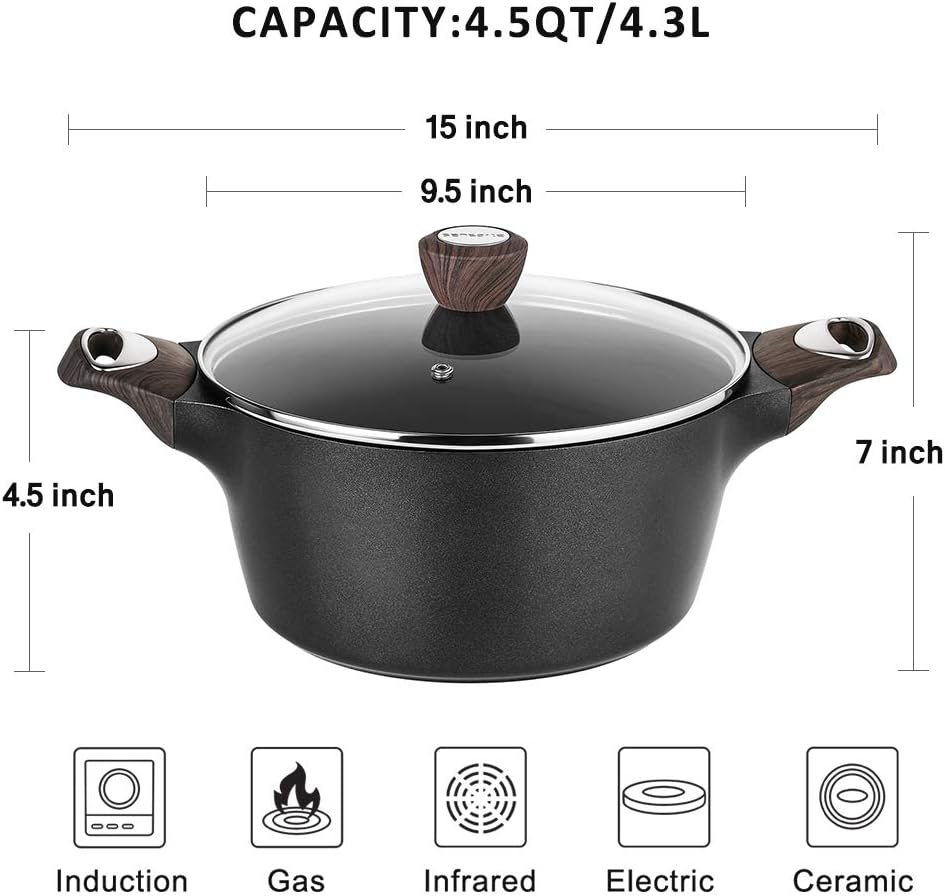 Stock Pot Nonstick 4.5 Quart Soup Pot Casserole Pot with Lid Healthy Pasta Pot Cooking Pot Black Sauce Pot with Woodgrain Bakelite Handle, All Stove Compatible Cookware, Easy to Clean - Image 2
