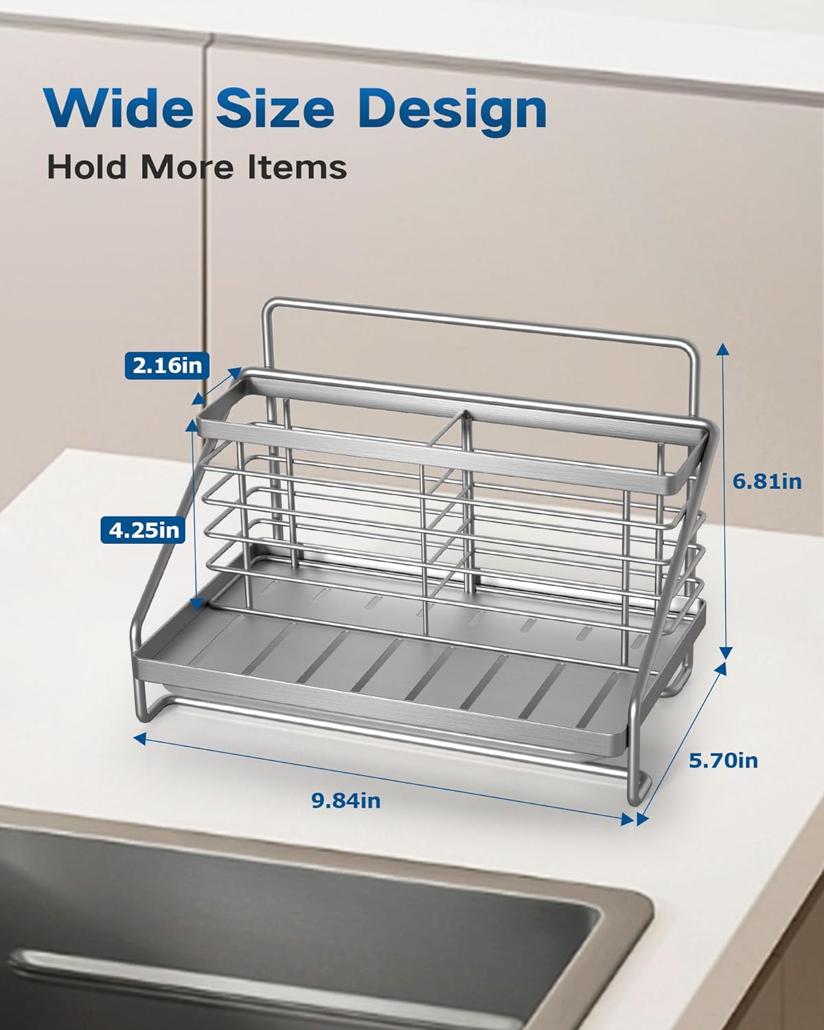 Kitchen Sink Caddy, Kitchen Sink Organizer Stainless Steel with Two Baskets, Rustproof and Non-slip Sponge Holder with Removable Drain Tray for Sponge Soap Scrubber Dishcloth Dish Brush, Silver - Image 2