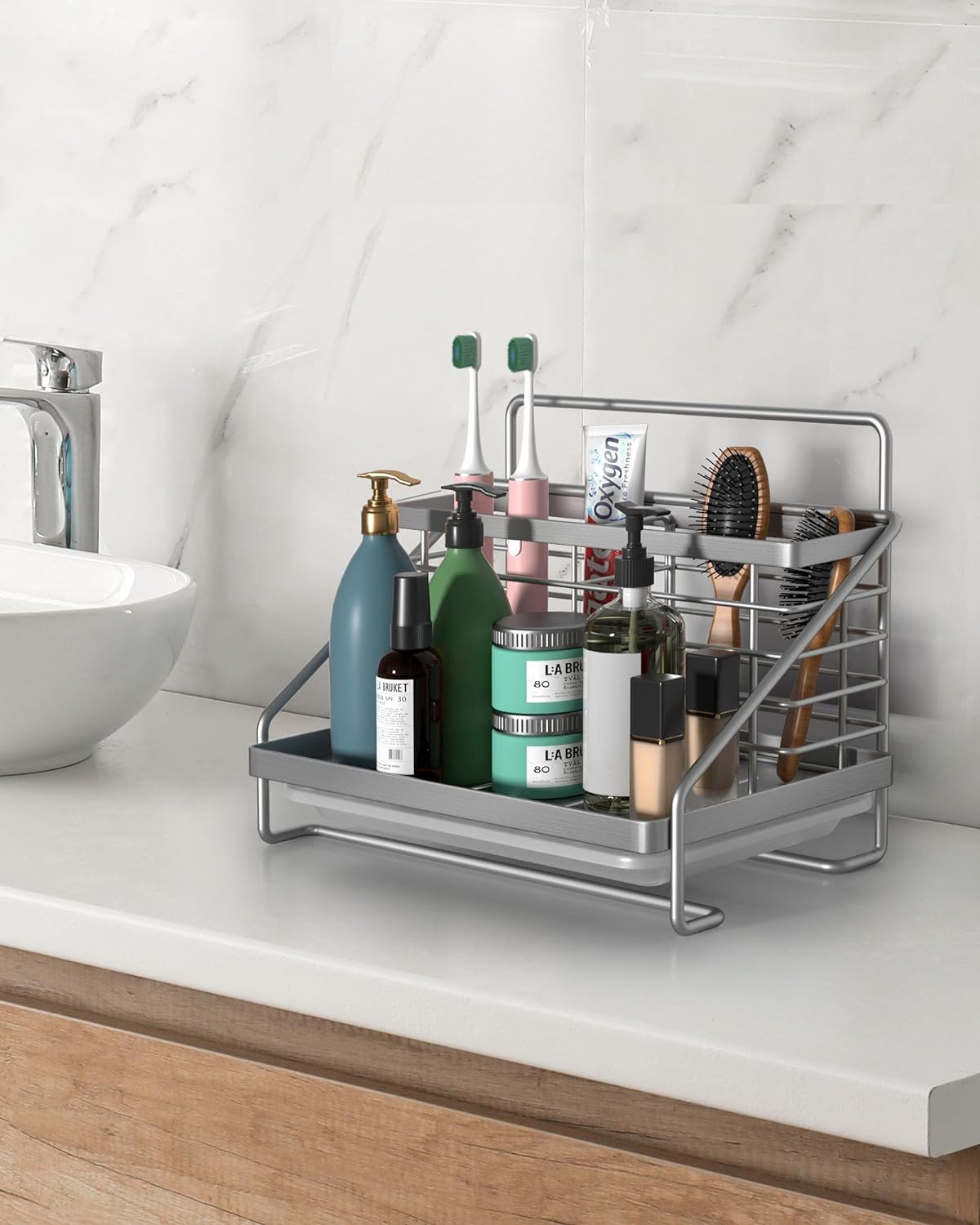 Kitchen Sink Caddy, Kitchen Sink Organizer Stainless Steel with Two Baskets, Rustproof and Non-slip Sponge Holder with Removable Drain Tray for Sponge Soap Scrubber Dishcloth Dish Brush, Silver - Image 5