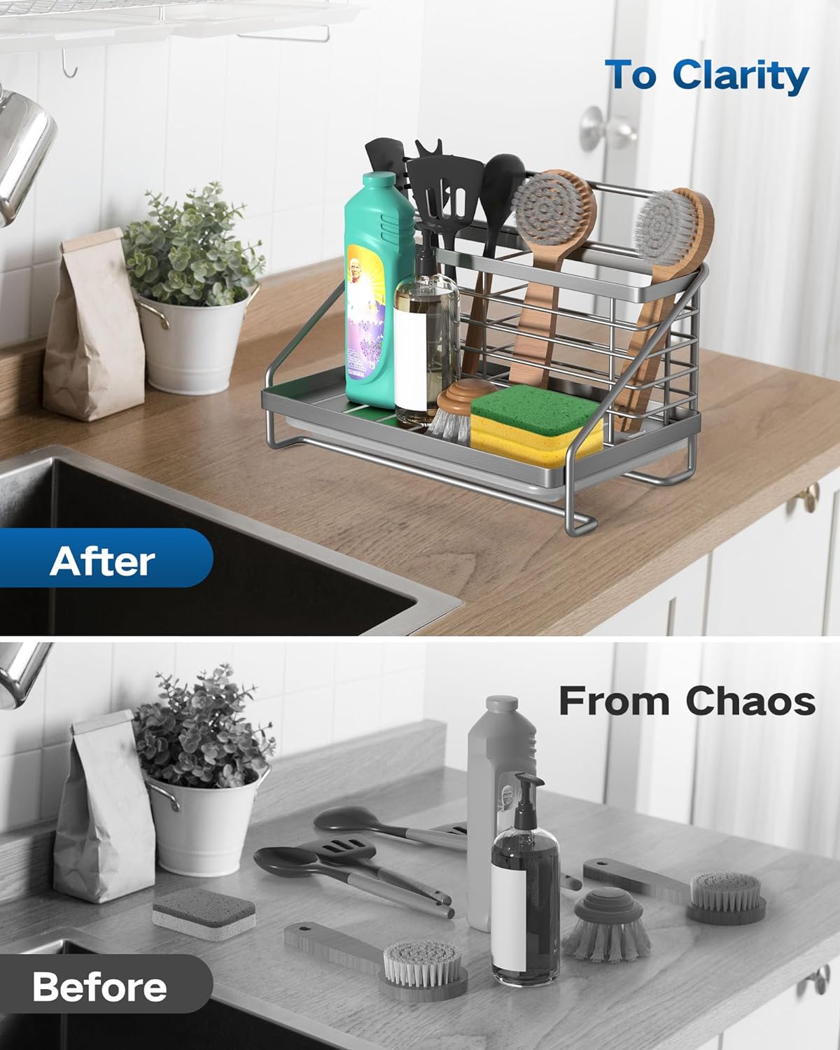 Kitchen Sink Caddy, Kitchen Sink Organizer Stainless Steel with Two Baskets, Rustproof and Non-slip Sponge Holder with Removable Drain Tray for Sponge Soap Scrubber Dishcloth Dish Brush, Silver - Image 6