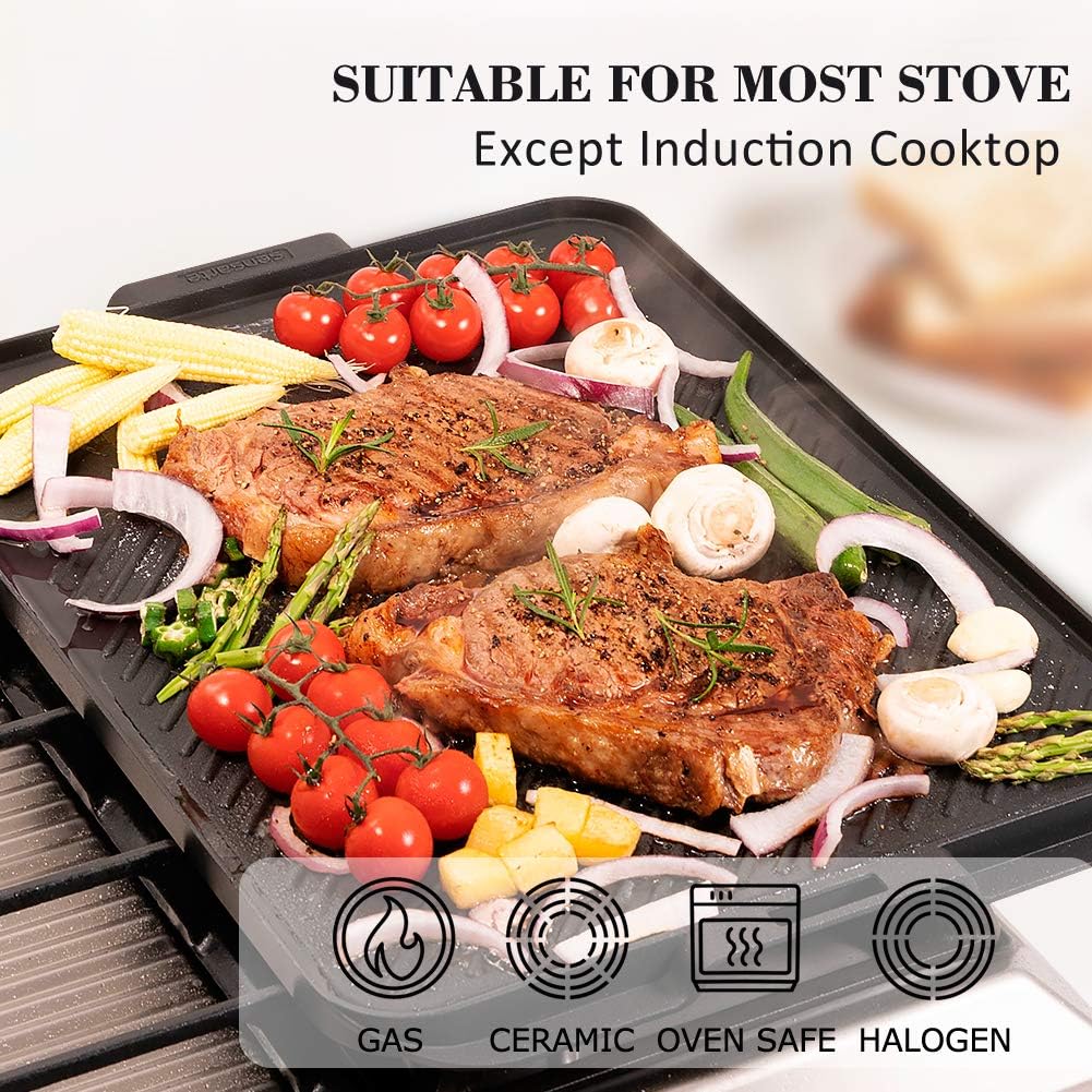Nonstick Grill Griddle Pan with Handle, Cast Aluminum, Double Sided Reversible - Perfect for Gas Stovetop, Indoor/Outdoor Camping BBQ, 17.5 x 12.5 Inch - Image 5