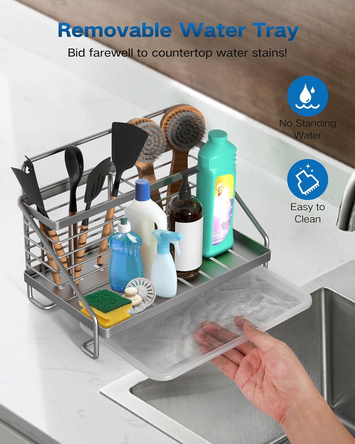 Kitchen Sink Caddy, Kitchen Sink Organizer Stainless Steel with Two Baskets, Rustproof and Non-slip Sponge Holder with Removable Drain Tray for Sponge Soap Scrubber Dishcloth Dish Brush, Silver - Image 3