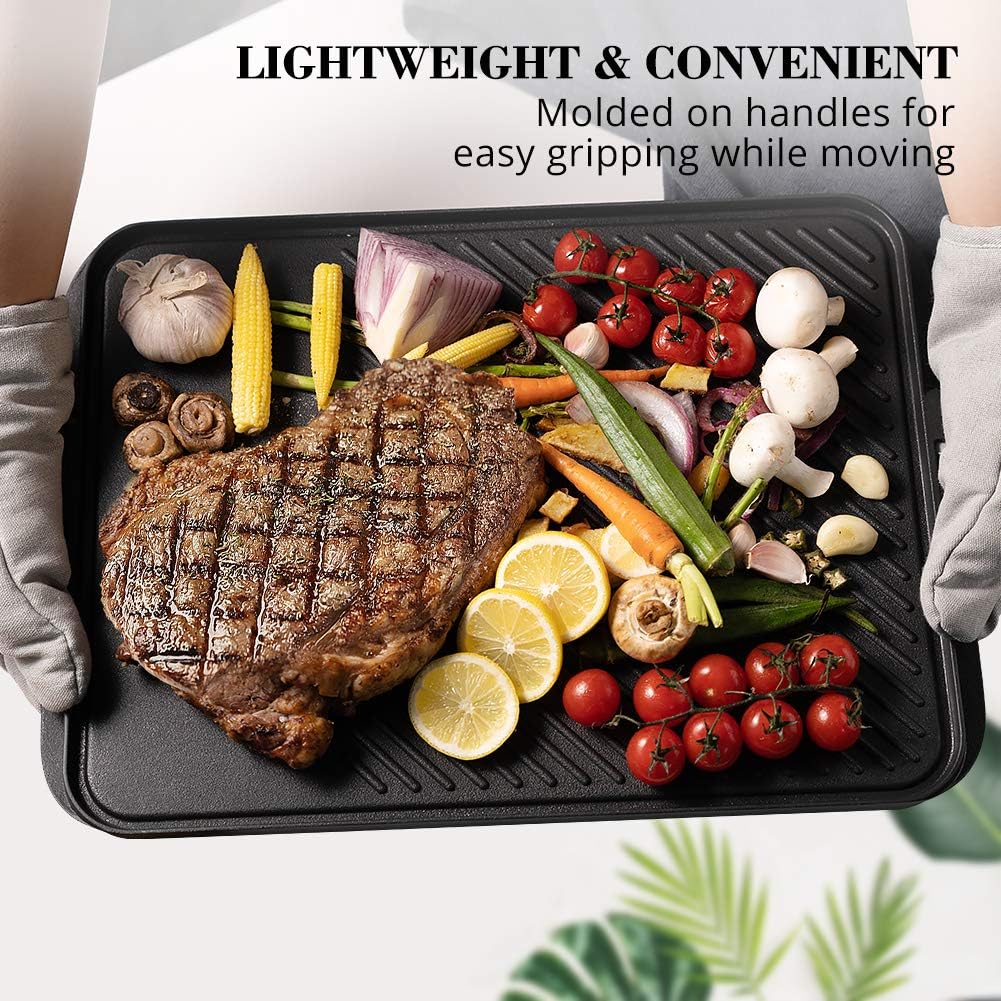 Nonstick Grill Griddle Pan with Handle, Cast Aluminum, Double Sided Reversible - Perfect for Gas Stovetop, Indoor/Outdoor Camping BBQ, 17.5 x 12.5 Inch - Image 6