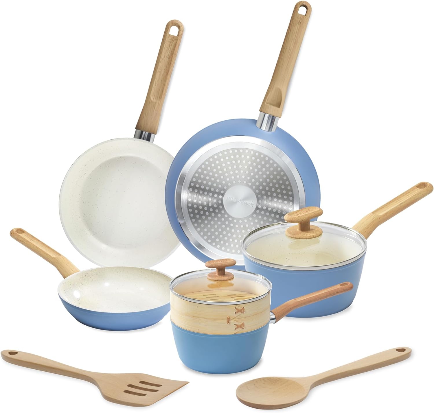 10-Piece Healthy Ceramic Titanium-Infused Cookware Set with Pots, Pans, Steamer, Spoon, and Turner, Nonstick Pots and Pans Set for Kitchen, Light Blue