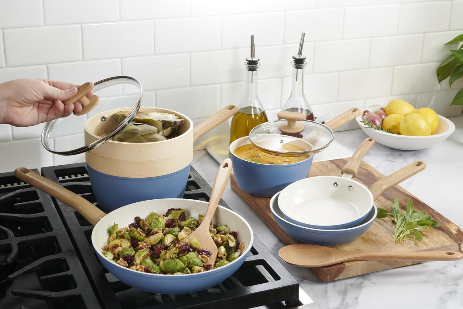 10-Piece Healthy Ceramic Titanium-Infused Cookware Set with Pots, Pans, Steamer, Spoon, and Turner, Nonstick Pots and Pans Set for Kitchen, Light Blue - Image 5