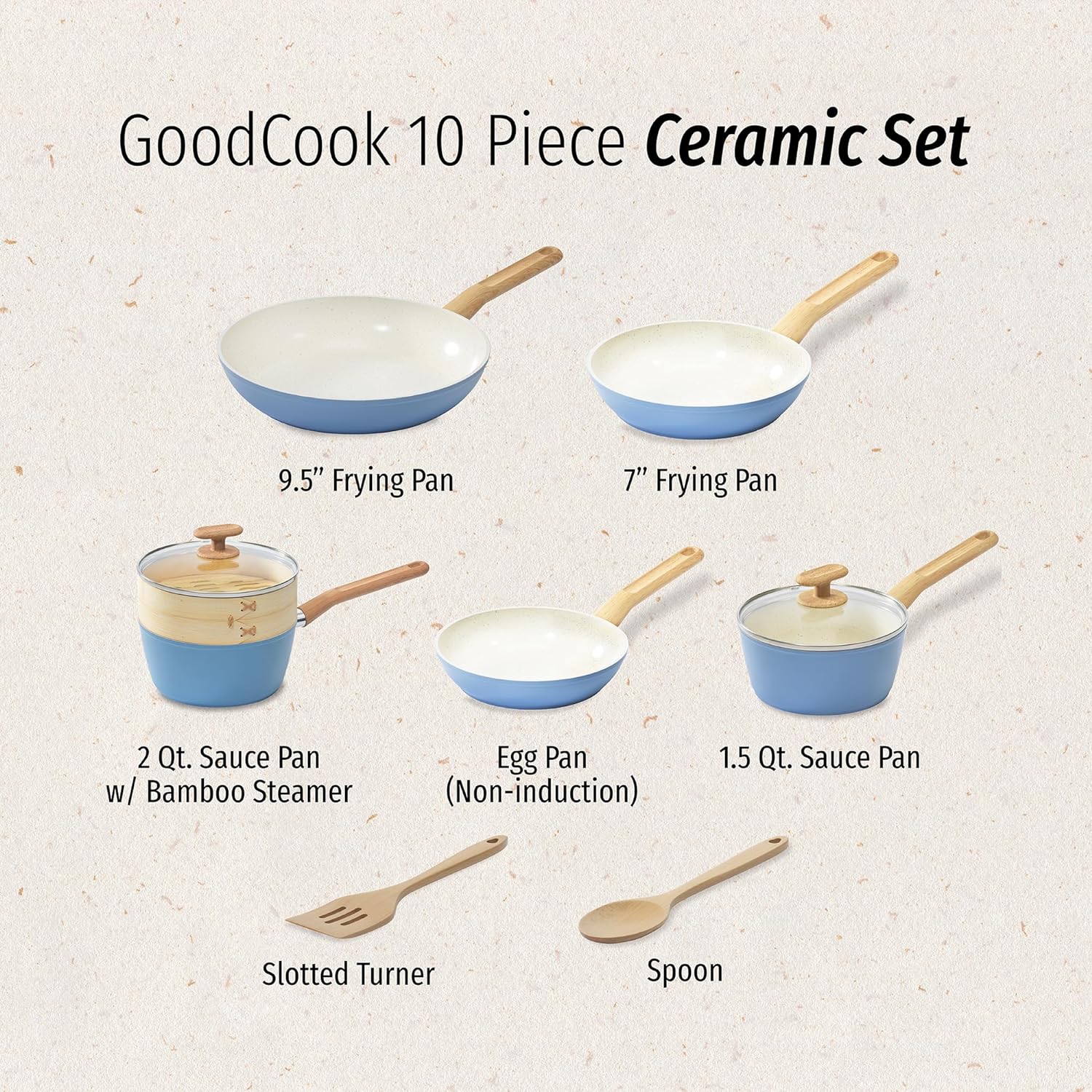 10-Piece Healthy Ceramic Titanium-Infused Cookware Set with Pots, Pans, Steamer, Spoon, and Turner, Nonstick Pots and Pans Set for Kitchen, Light Blue - Image 4